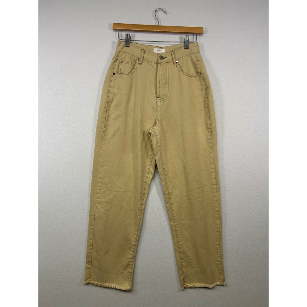 Minimalist On You Womens Sm‎ Tan High Rise Straight Leg Frayed Hem Cotton Pants